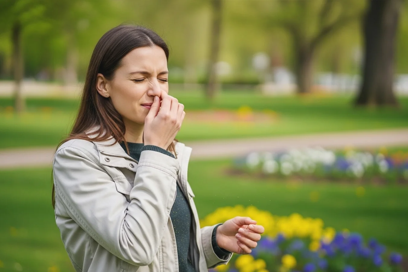 Девушка на улице хочет чихнуть